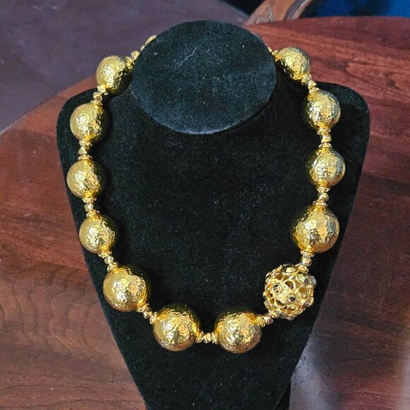 RARE VINTAGE STATEMENT JOSE MARIA BARRERA HAMMERED GOLD CRYSTAL NECKLACE STRAND - Picture 8 of 8